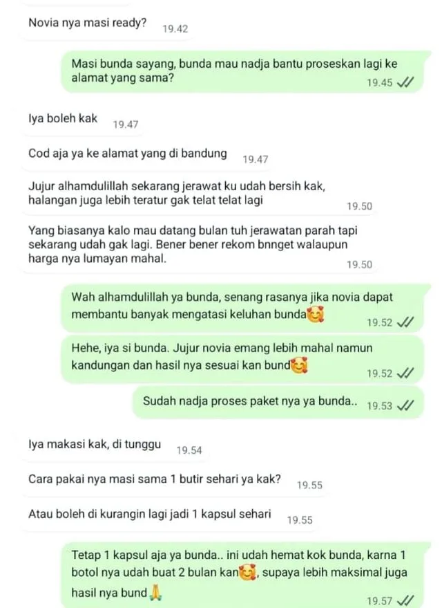 Screenshot chat testimoni customer Novia