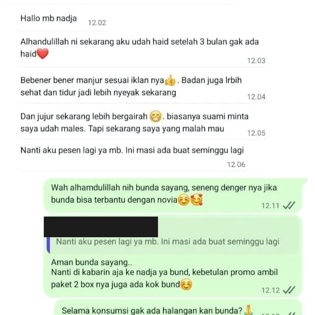Screenshot chat testimoni customer Novia