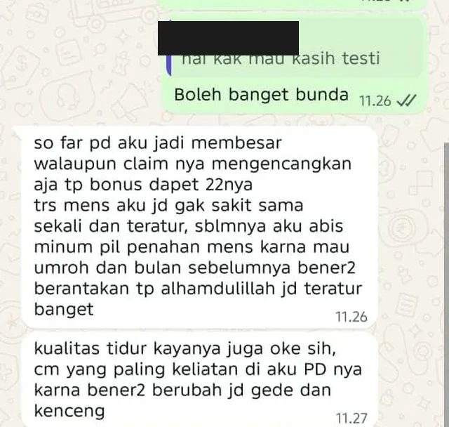 Screenshot chat testimoni customer Novia
