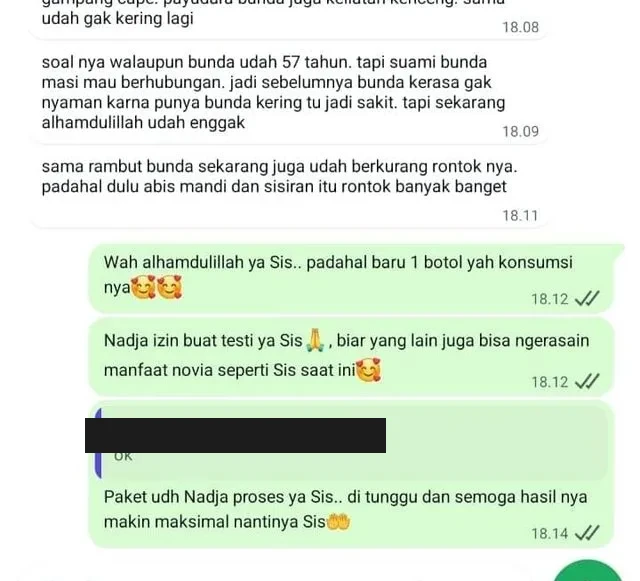 Screenshot chat testimoni customer Novia