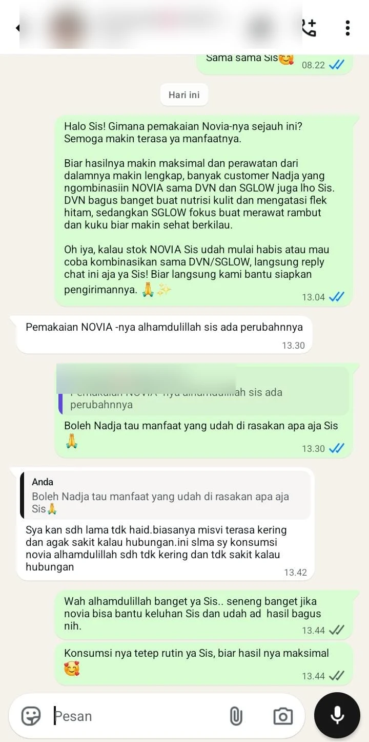 Screenshot chat testimoni customer Novia