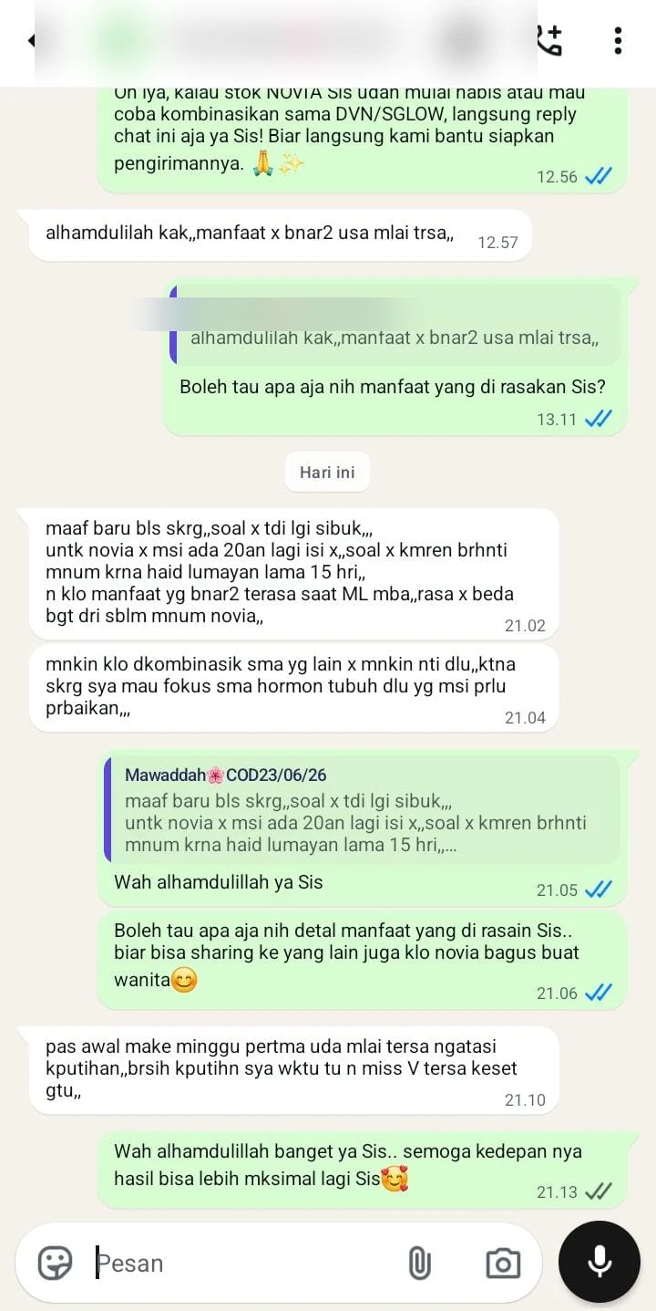 Screenshot chat testimoni customer Novia