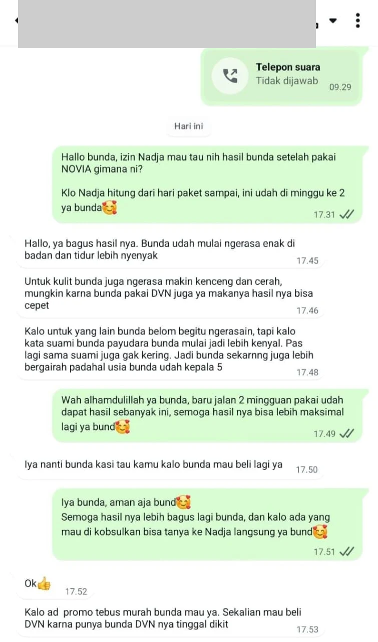 Screenshot chat testimoni customer Novia