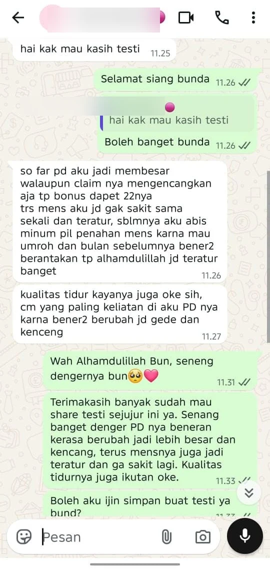 Screenshot chat testimoni customer Novia