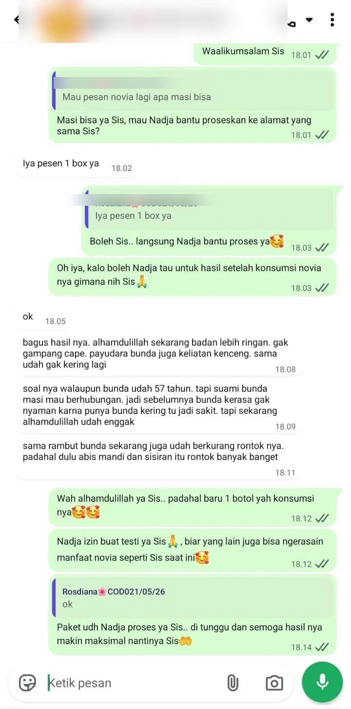Screenshot chat testimoni customer Novia