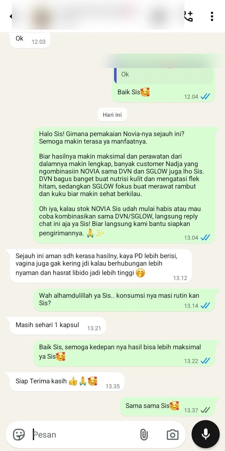 Screenshot chat testimoni customer Novia
