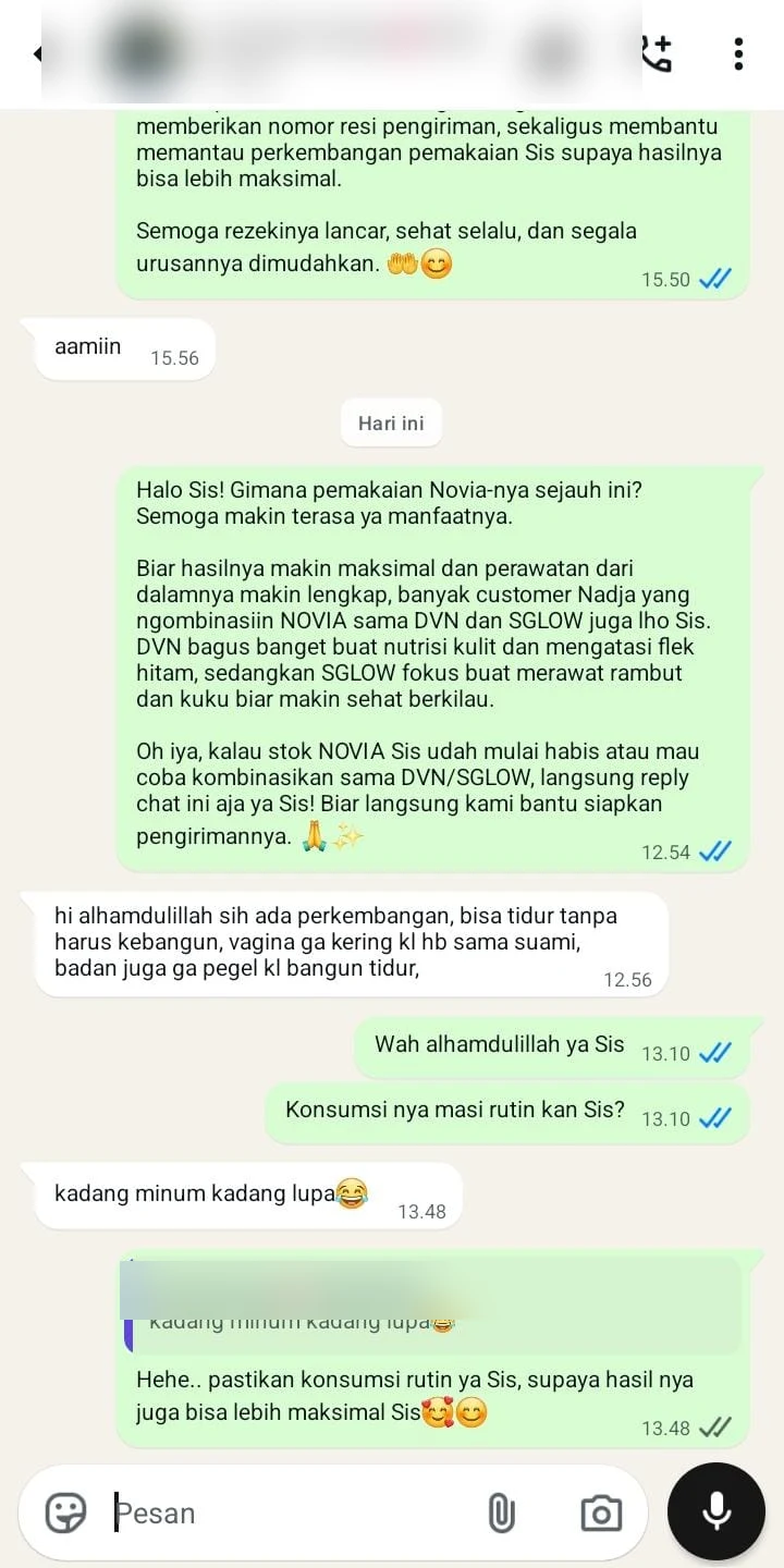 Screenshot chat testimoni customer Novia